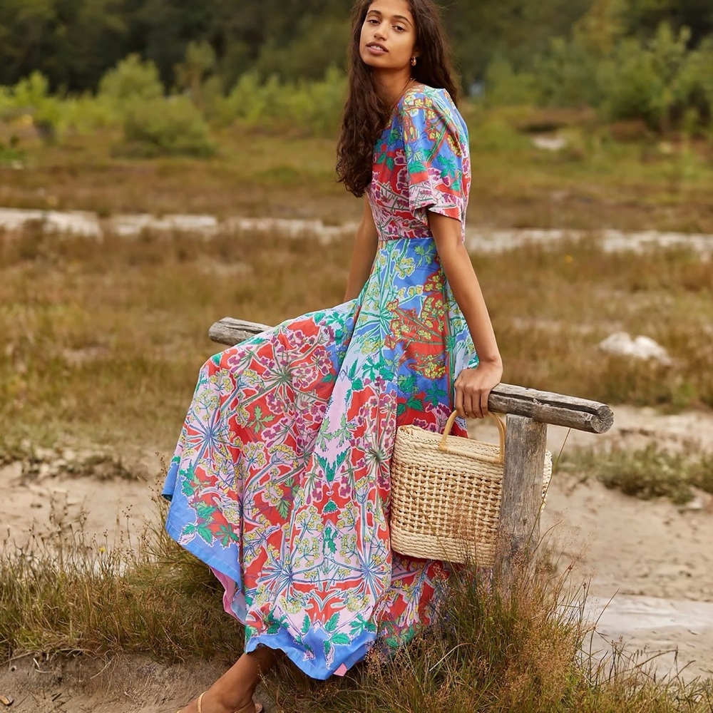 Anthropologie Amandine Maxi Dress M Medium Petite Blue Red Floral Pockets NWT - Picture 1 of 5